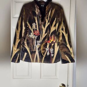 Hand L 165/88 Brown Mlticlr Zip Lngslv Embroidery 100% SILK Lined Women Jacket